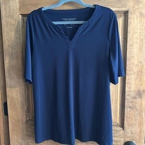 LIKE NEW Susan Graver Liquid Knit short sleeve split neck top Navy L